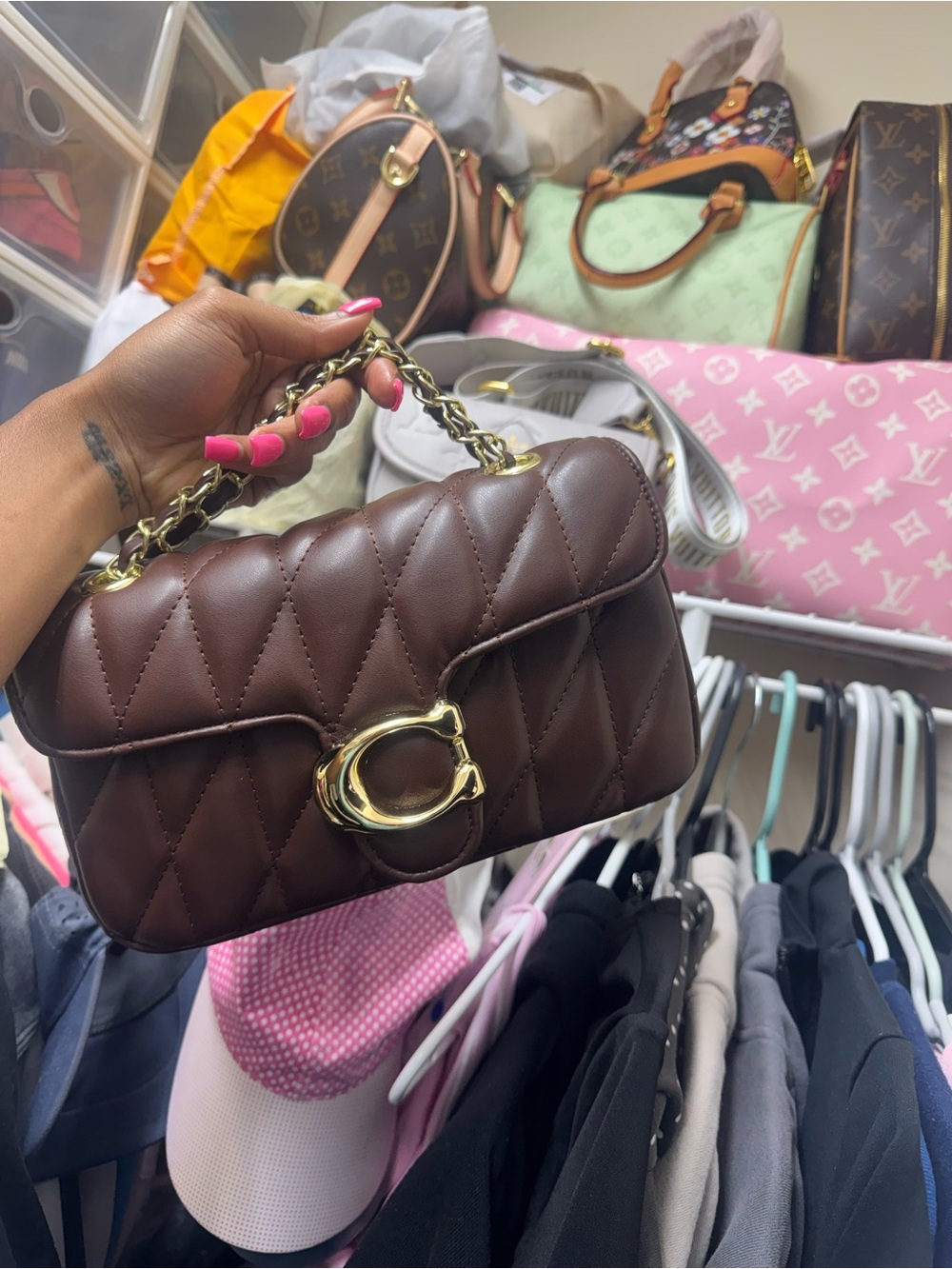 Quilted Leather Crossbody Bag in Chocolate Brown with Gold Hardware